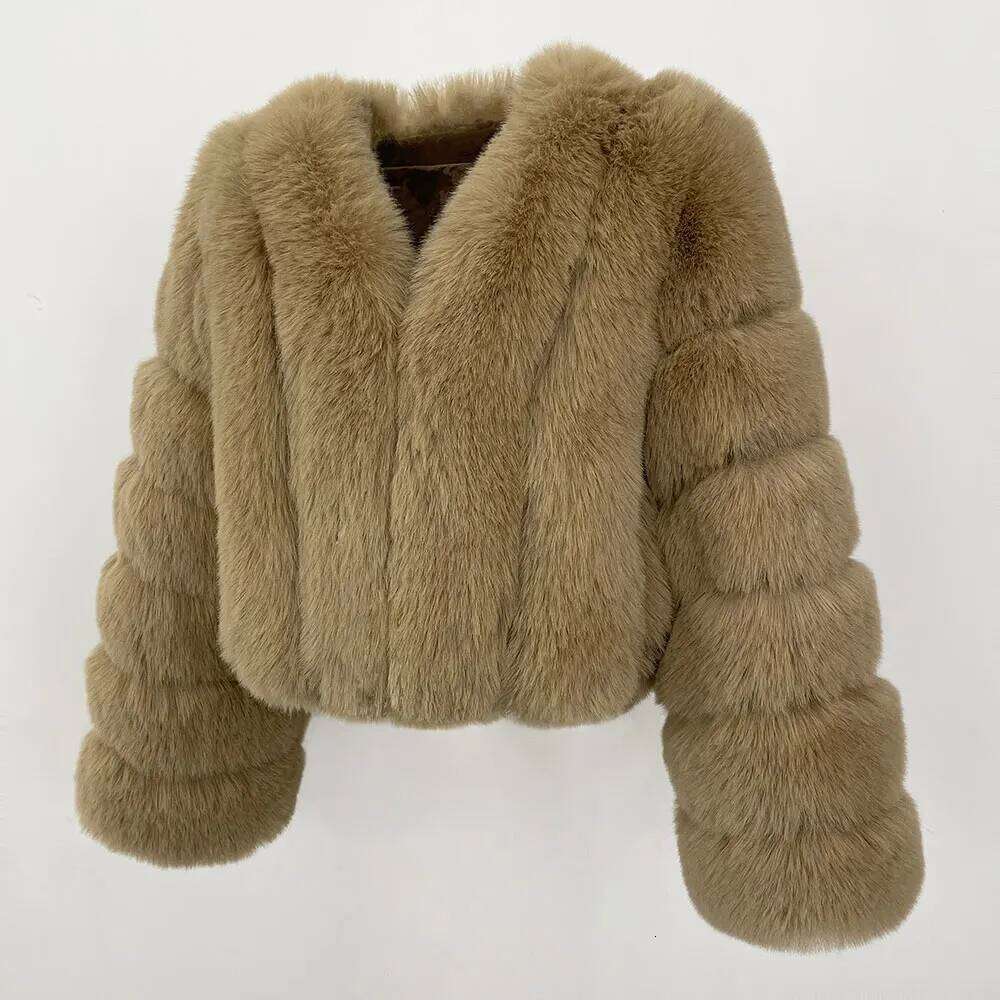 MENINA 2025 Winter Jacket Women Faux Fur Coat Short V-neck High Waist Outerwear Fashion Thickened Warm Commuting Long Sleeves