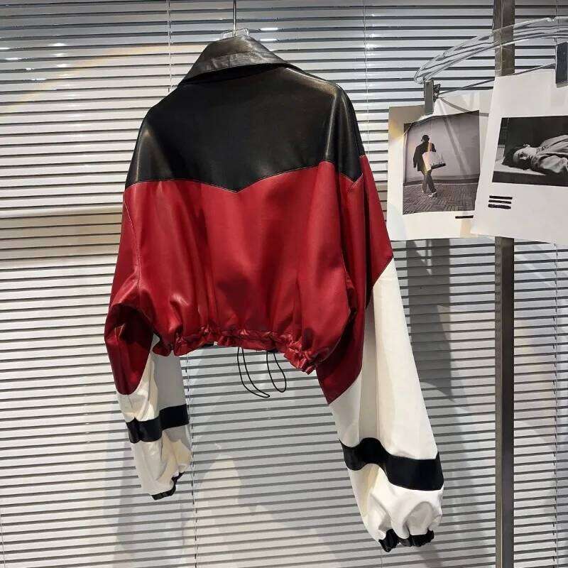 Hot Selling Contrasting Patchwork Short Coat Unisex Motorcycle Women's Autumn American Drawstring Leather Jacket