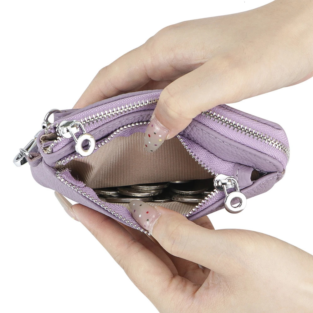 Royal Bagger RFID Coin Purse with Keychain Genuine Leather Multi Zipper Clutch Wallet Portable Wristlet Card Holder 250605