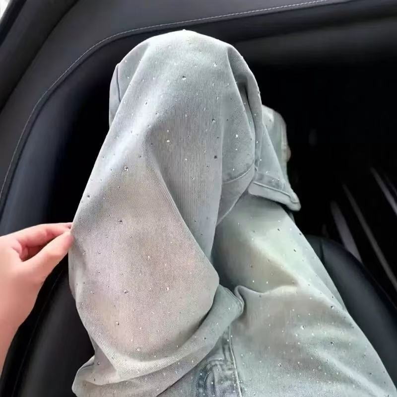 2025 Spring/Summer New Women's Pants Retro Light Color Diamond Adorned Straight leg Women's Jeans New High Waist Slimming Designer Casual Wi