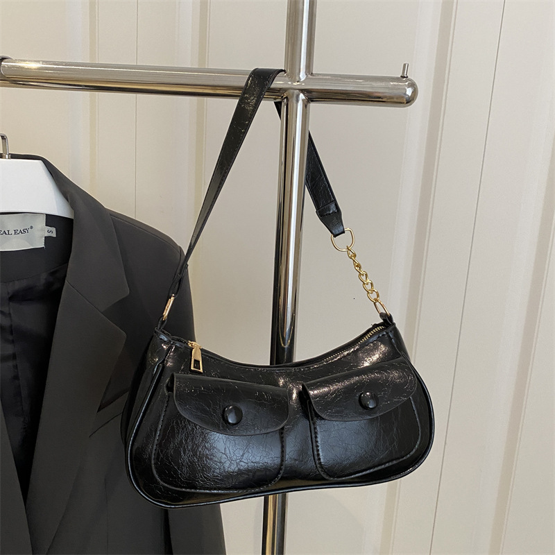 designer Vintage Commuter Underarm Bag for Women 2025 New Fashion Casual Double Pocket Leather Shoulder Bag Niche Stylish Handbag