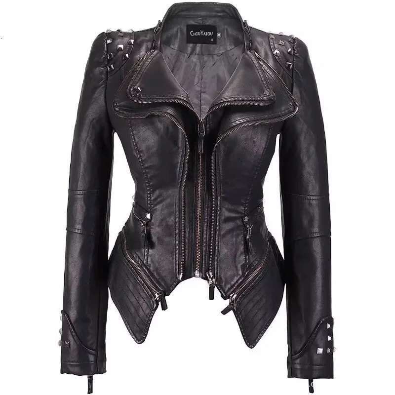Spring and Autumn Women's New Lapel Rivets Decorated Waist Short Washed PU Leather Jacket