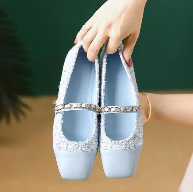 Women Flat pink Shoes Fashion Casual Flat Shoes Plaid Fabric Square Toe Slip On Mary Jane Shoes Outdoor Soft Ballerinas Shoes 250603