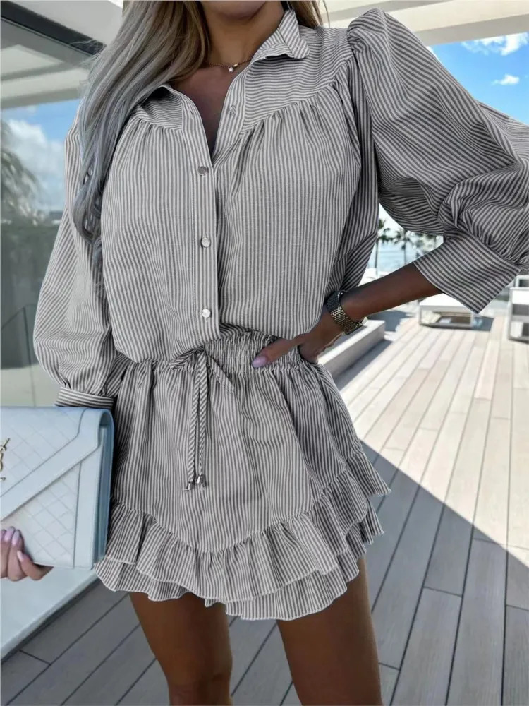 Casual Stripe Printing Shirt And Skirt 2 Piece Set Womens Suit Autumn Long Sleeve Fashion Ruffles Lace Up Skirts Sets For Women 250605