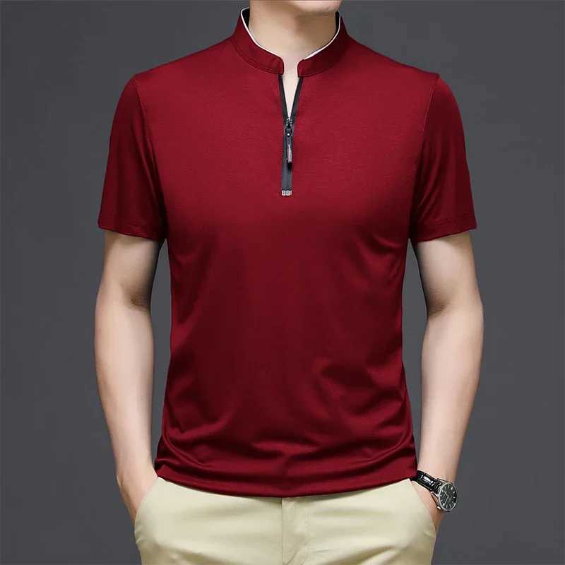 2025 Mens Casual Fashion Solid Color Short Sleeve Polo Shirt Stand Up Collar Versatile Comfortable Top XJ250605
