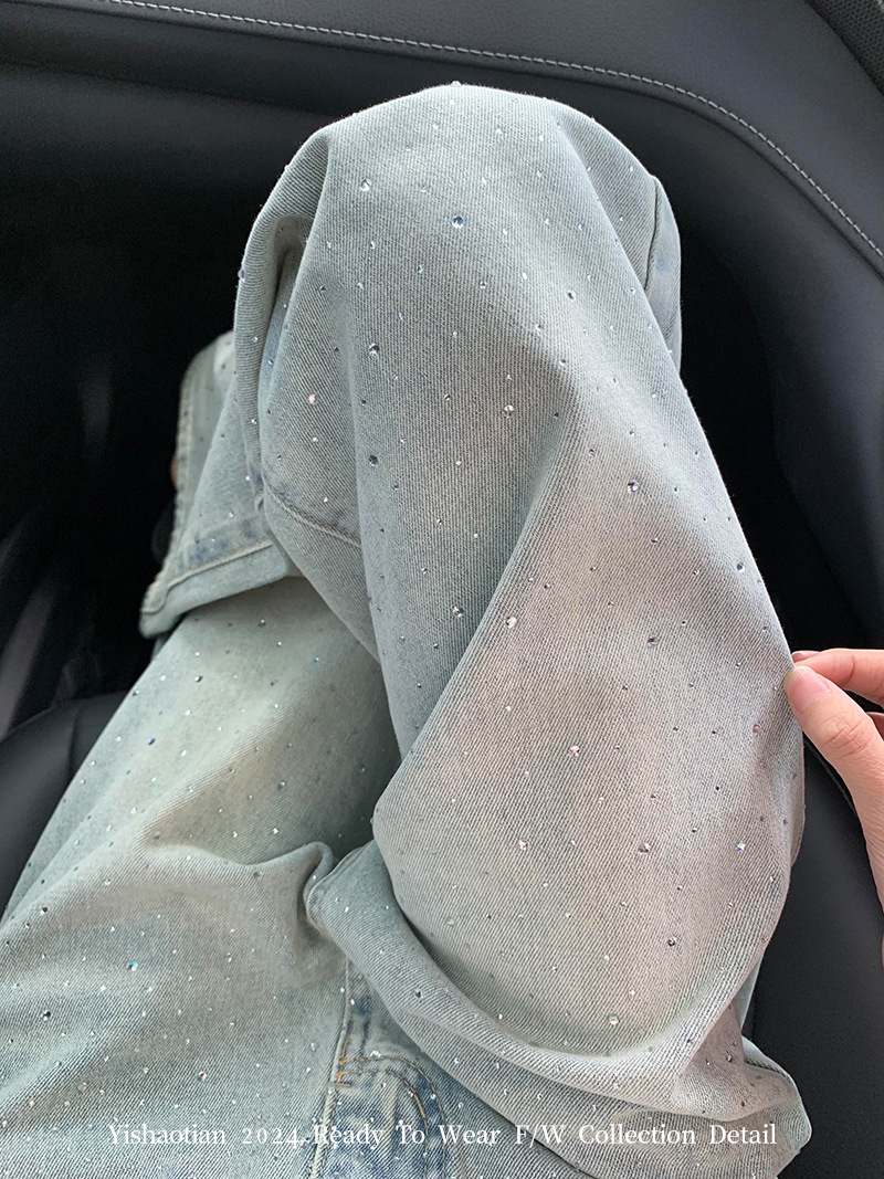 2025 Spring/Summer New Women's Pants Retro Light Color Diamond Adorned Straight leg Women's Jeans New High Waist Slimming Designer Casual Wi