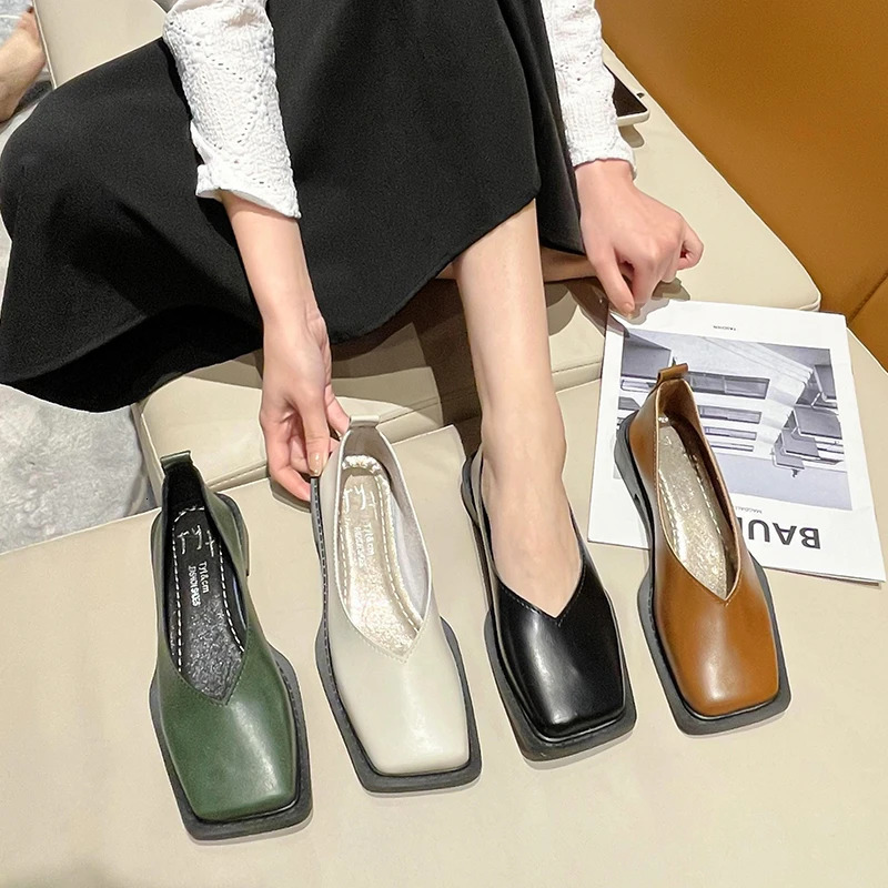 Flat Shoes Women Square Toe Single Shoes Simple Temperament Leather Shoes Spring round toe heels 250603