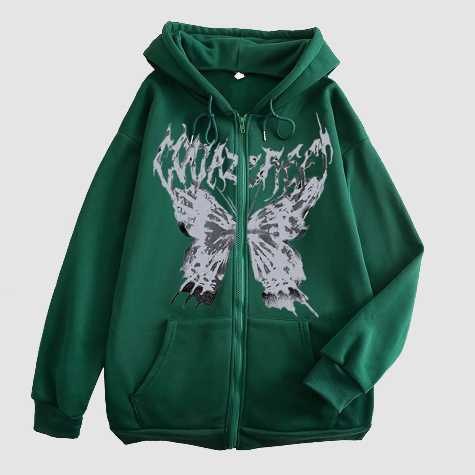Y2k Haruku Women Hoodie Coat Autumn Gothic Butterfly Printed Sweatshirt Zip Up Long Sleeve Hooded Sweatershirt Pocket Jacket