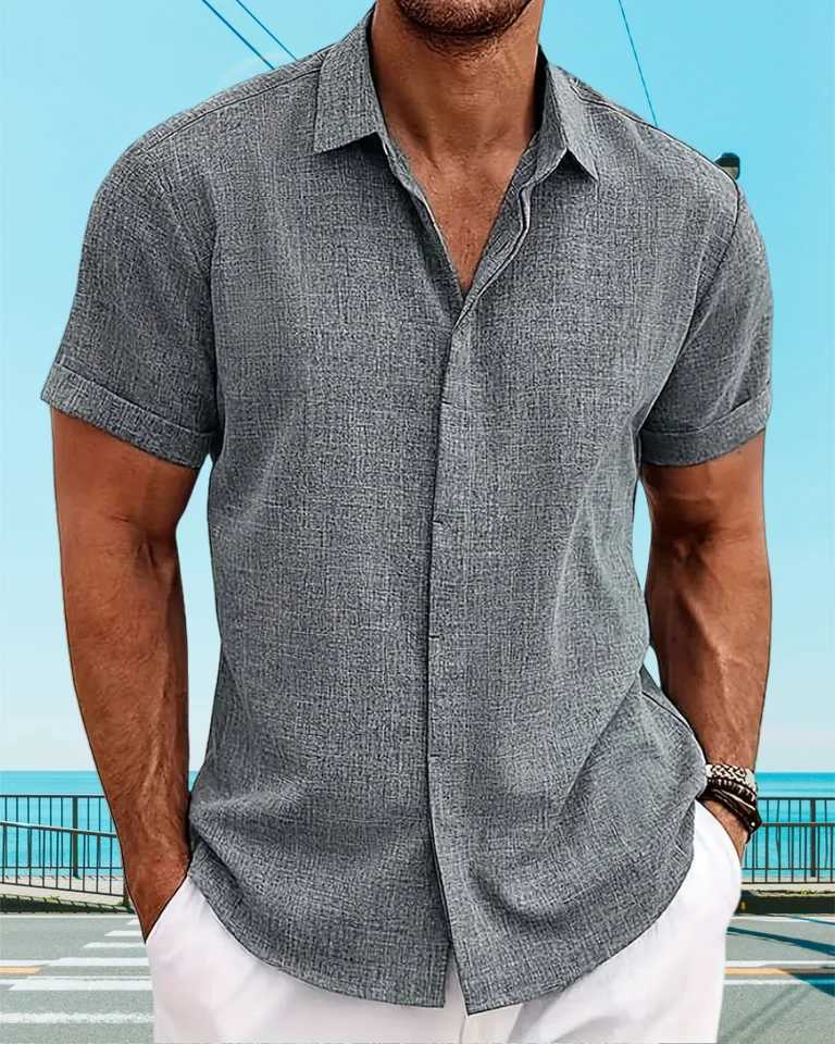 2025 New Mens Summer Hawaiian Daily Versatile Casual Solid-Color Lapel Cardigan Comfortable Beach Short-Sleeved Shirt Top XJ250605