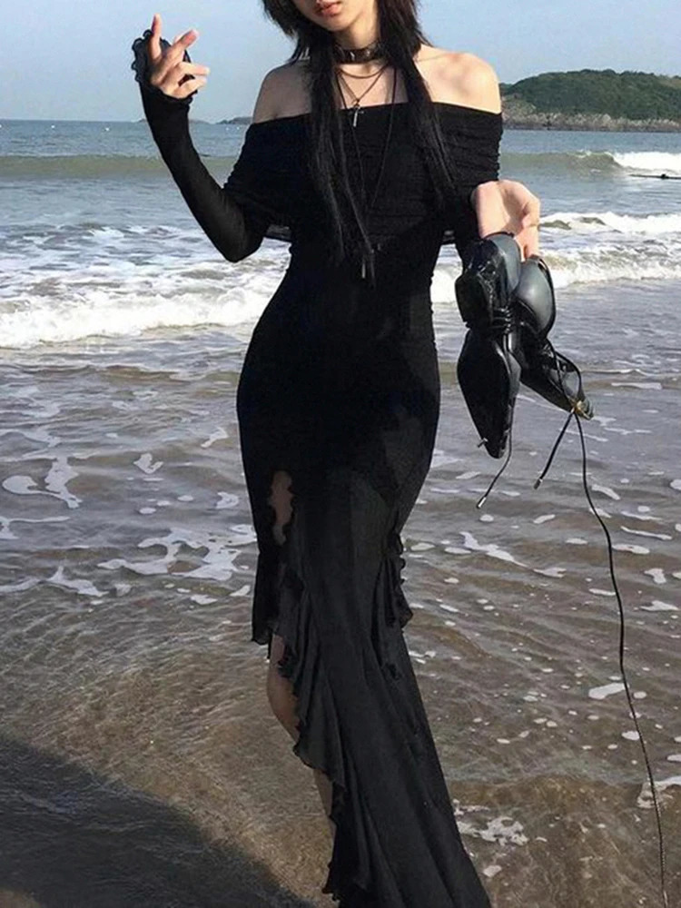 IAMSURE Elegant Fashion Dark Ruffles Split Long Dress Gothic Slash Neck Sleeve Maxi Dresses For Women 2023 Holiday Beach 250526