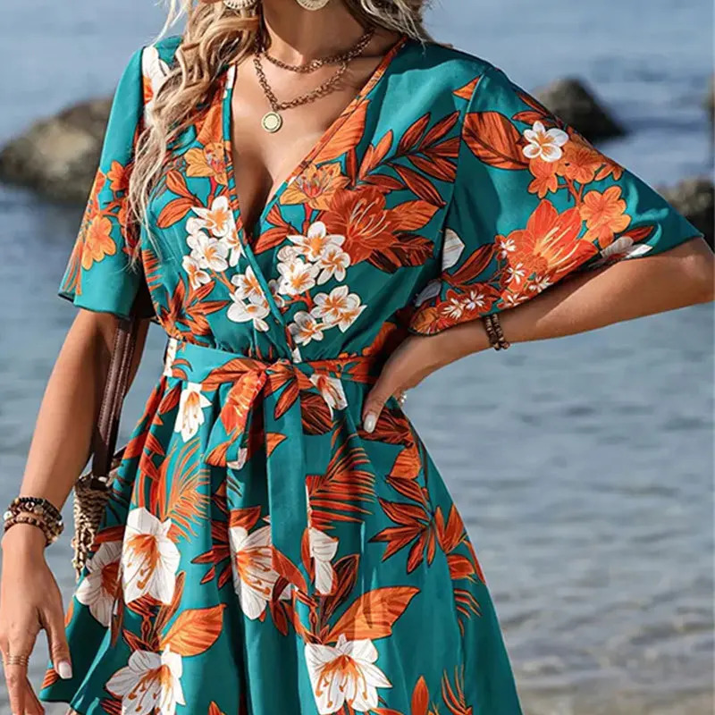 Bohemian Floral Print Short Jumpsuits For Women Summer Sleeve Wide Legs One Piece Elegant Beach Wear Casual Outfit 250604
