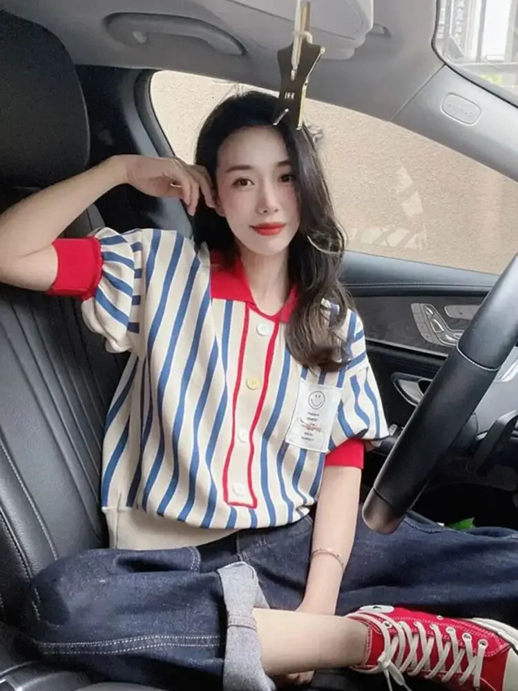 Womens Polo Shirts Striped Cute Female Tee Button Kawaii Offer Free Tshirts y Youth in Trend Clothing 250604