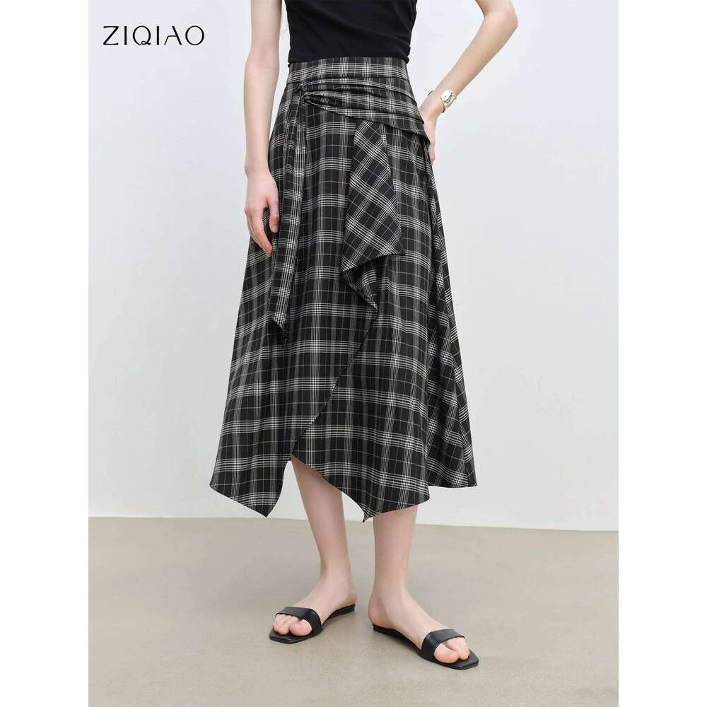 ZIQIAO 2025 Summer Petite Artistic Check Skirt - High-Waisted Asymmetric Hem & A-Line Silhouette For Retro Chic 25Zq92390