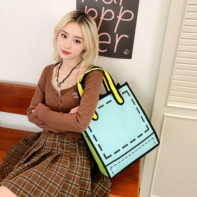 New Style Anime Cartoon Girl Canvas for Women, Handheld Shopping Bag, Color-Block Large Capacity Shoulder Bag