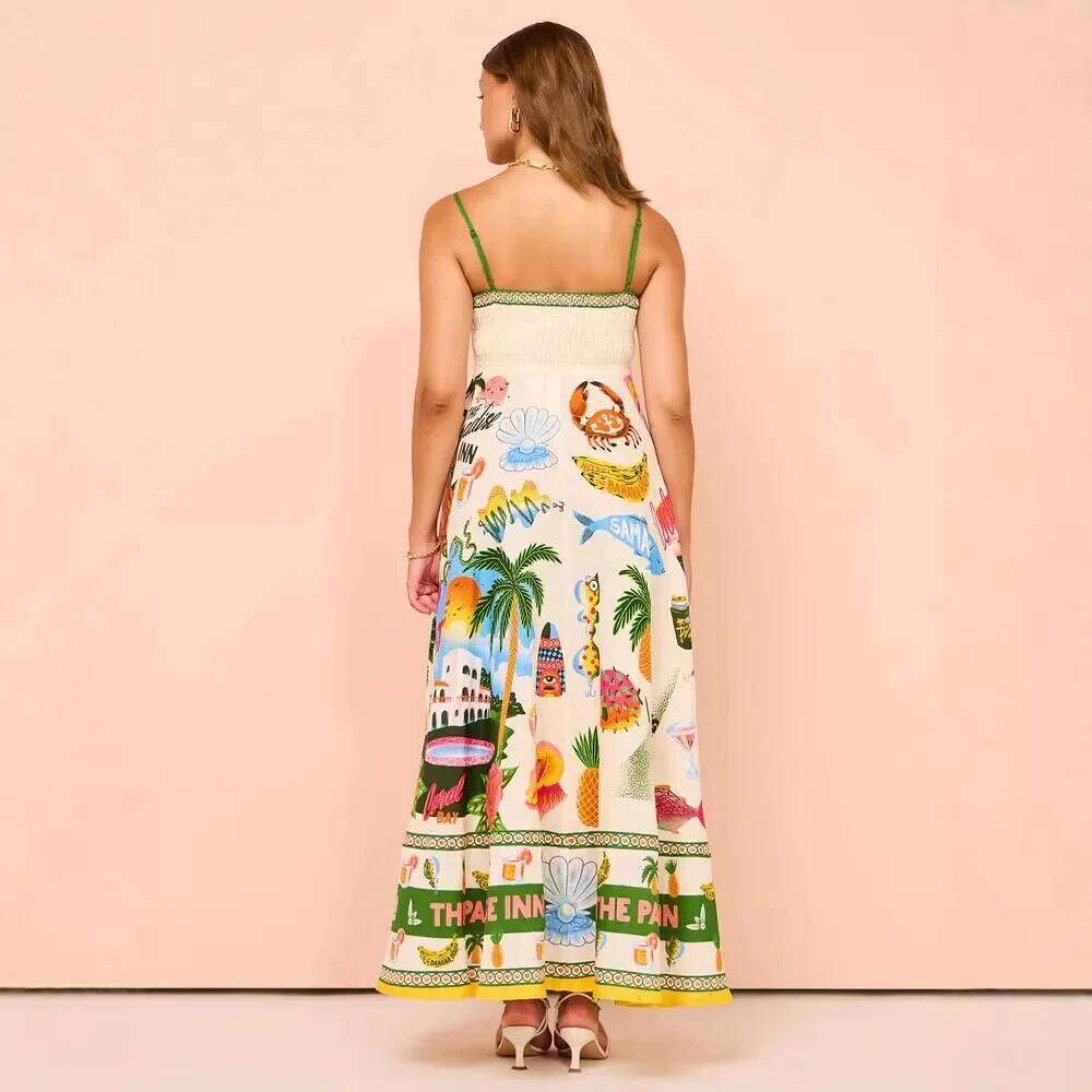Sexy Off-Shoulder Graffiti Cotton Linen Print Maxi Dress Women's New Hot Sale Of The Season Sleeveless Loose Fit Gown for Women