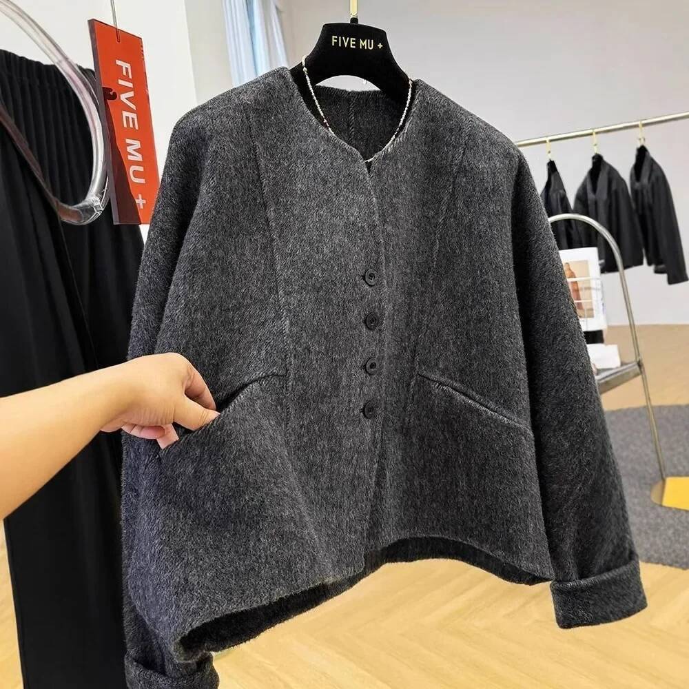 High-End Round Neck Woolen Jacket For Women Fashionable Petite Cropped Overcoat Korean Style Fall/Winter With Feeling Of Veet