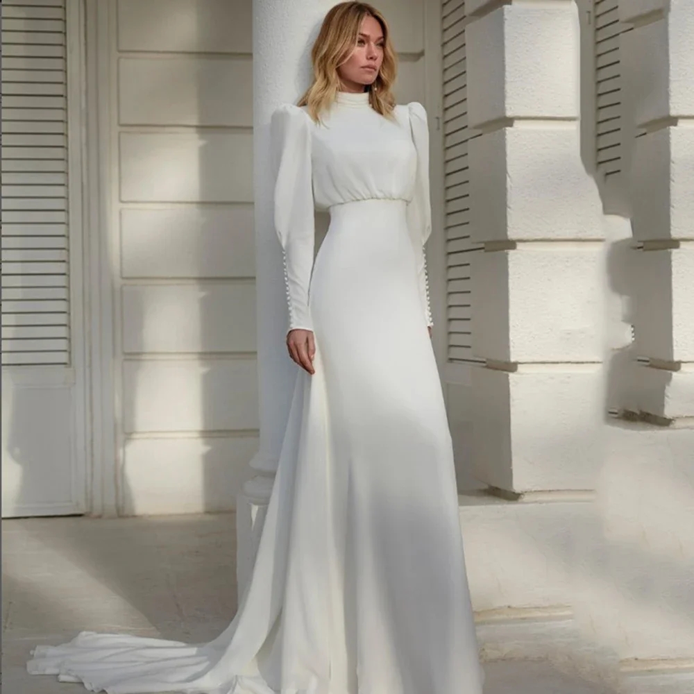 2025 Modern High Neck White Chiffon Wedding Dress Women Long Lantern Sleeve Pleats A-line Bride Gown Button Sweep Train Vestidos De Noiva