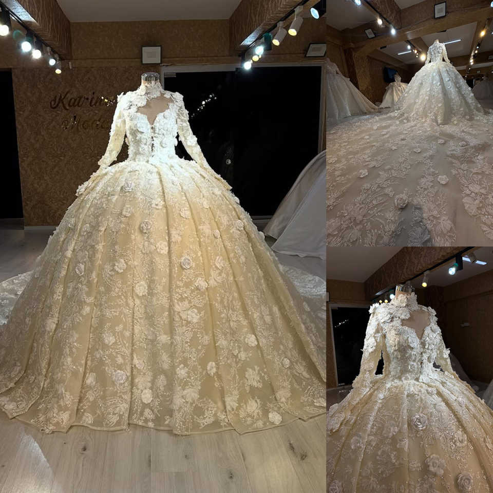 Luxury Ball Gown Wedding Dress 3D Flowers Princess Women Long Sleeve Bride Robe Puffy Bridal Gowns Customized