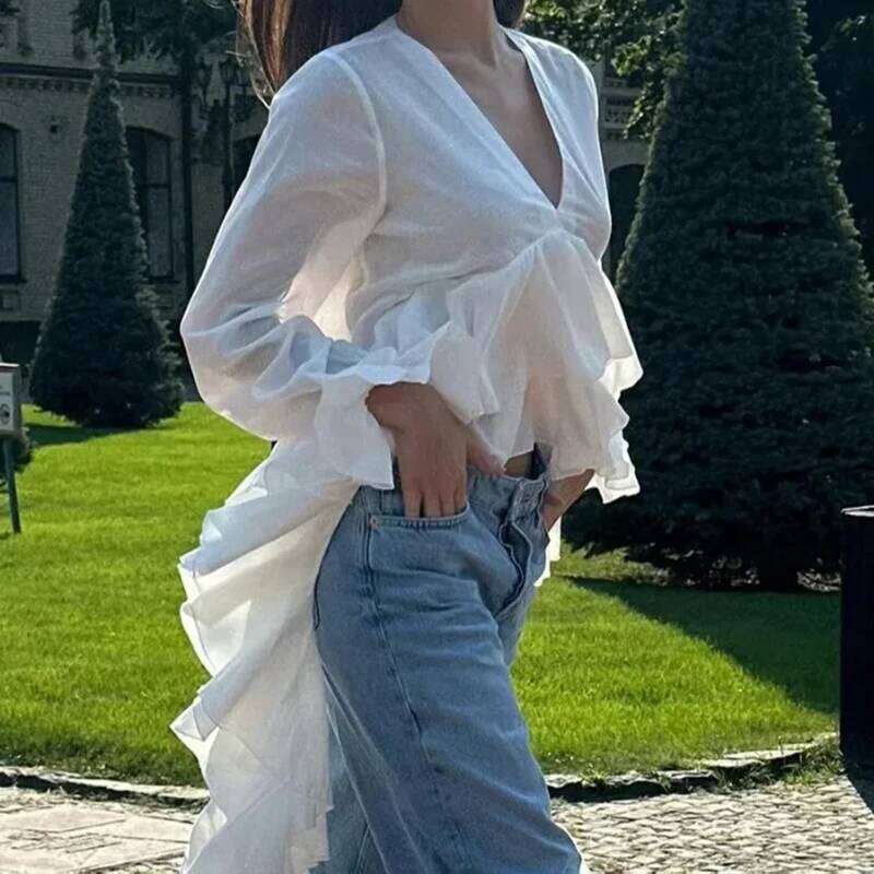 For Women Ruffles V-Neck Sleeve Chic Casual Shirts Spring Summer 2025 New Comfortable Female Fashion Long Blouses