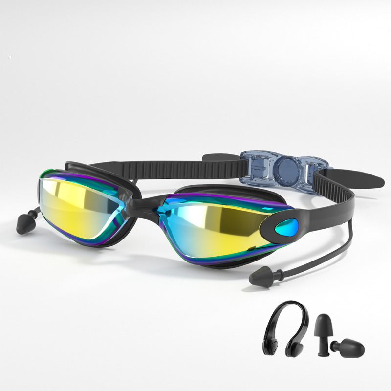Adult Model Unisex HD Waterproof Anti-Fog Electroplated Swimming Goggles Swim Cap Nose Clip Earplugs Set