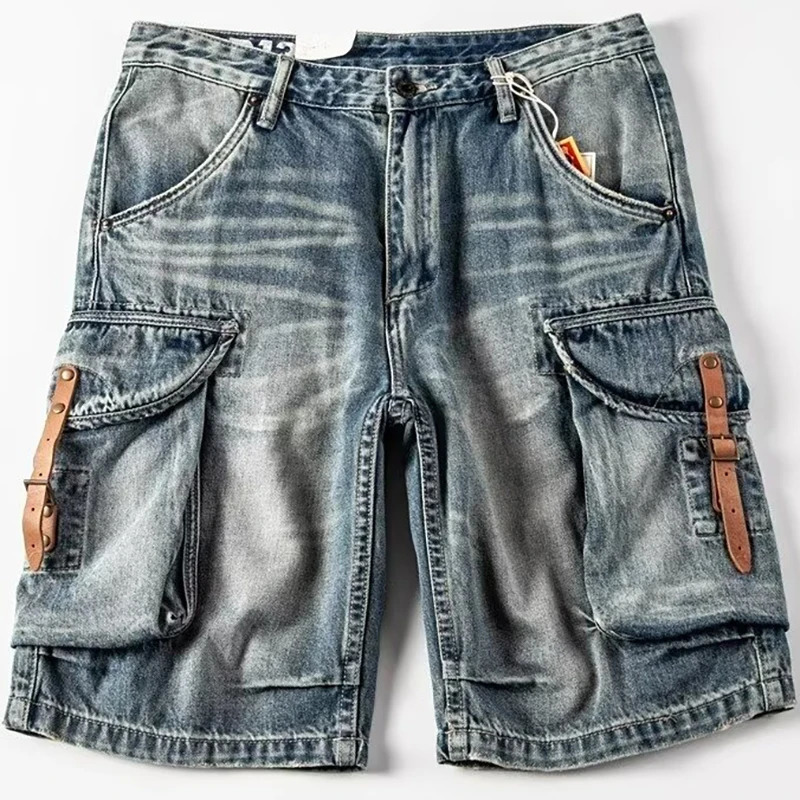 Heavy Vintage Jean Shorts Men Summer American Washed Hole Leather Loose Side Pock Riding Denim Shorts Mens Cargo Pants 250529