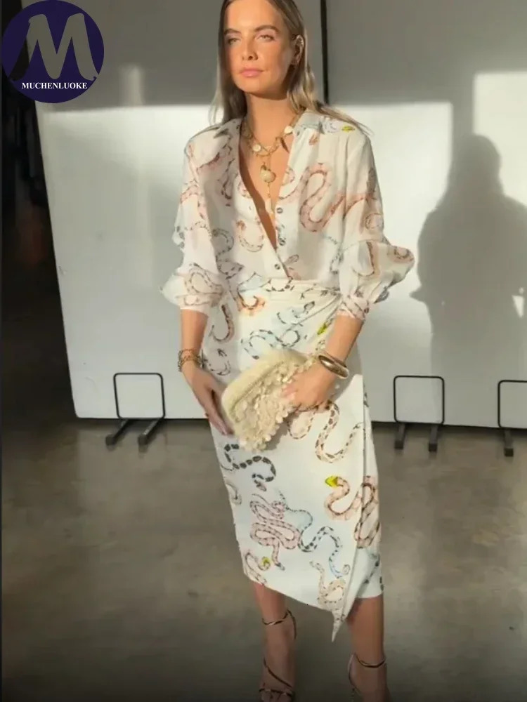 Womens Printed V Neck Shirt Dress Long Sleeves Fashionable Casual Loose High Waisted Slit Skirt Summer 2025 250605Z