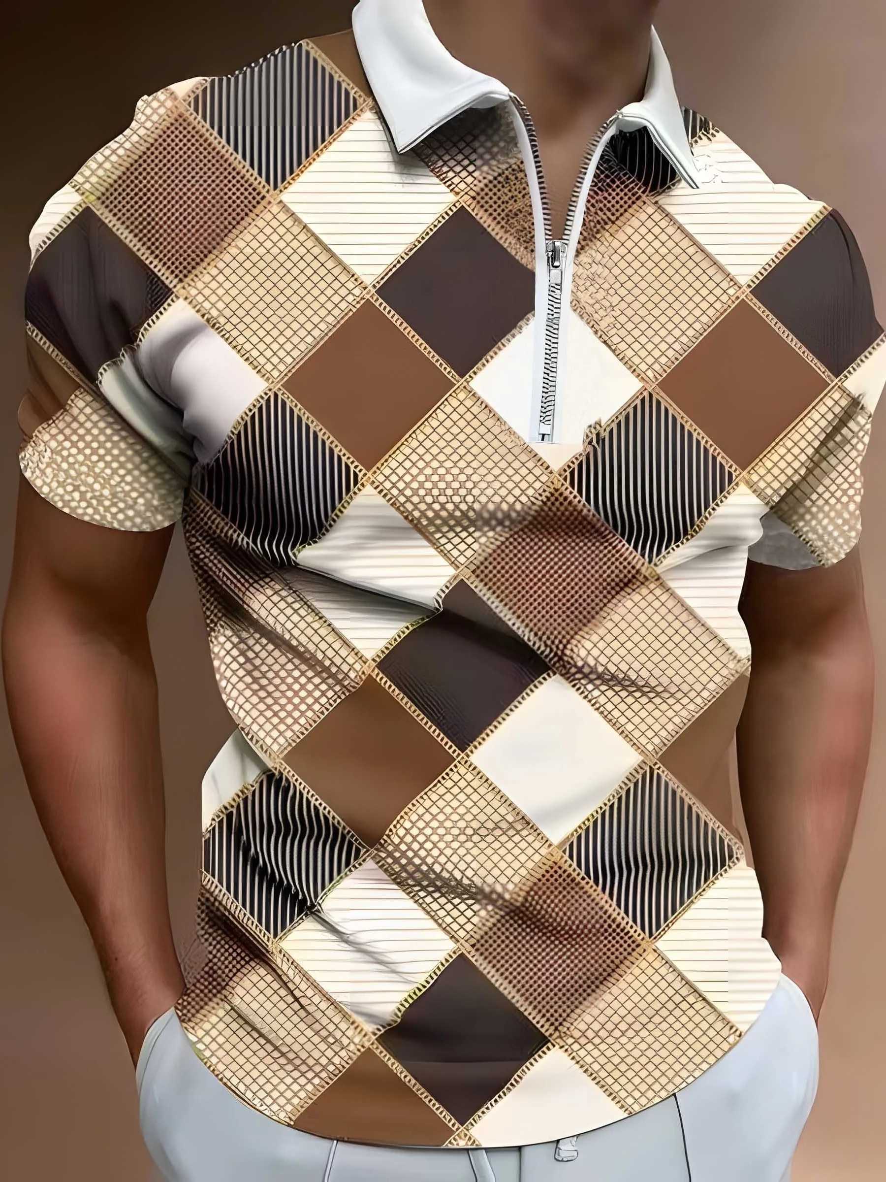 Summer Fashion Zipper Polo Fashion Color Block 3D Printed Golf Short Sleeve Polo Business Casual Polo Streetwear Men Polo Shirt XJ250605