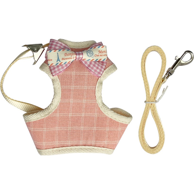 Plaid Pet Harness Leash Set Anti-Break Breathable Cat Dog Vest Harness with Bow Bell for Outdoor Walking