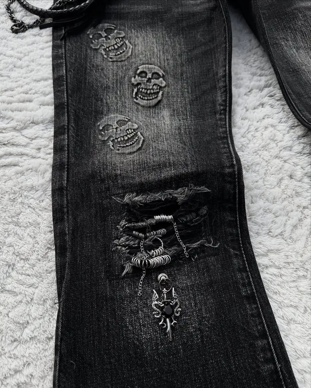 American Retro Gothic Skull Pattern Black Wash Slim Jeans Womens Summer Y2K Street Hiphop Fashion tie Tight Flared Pants 250604