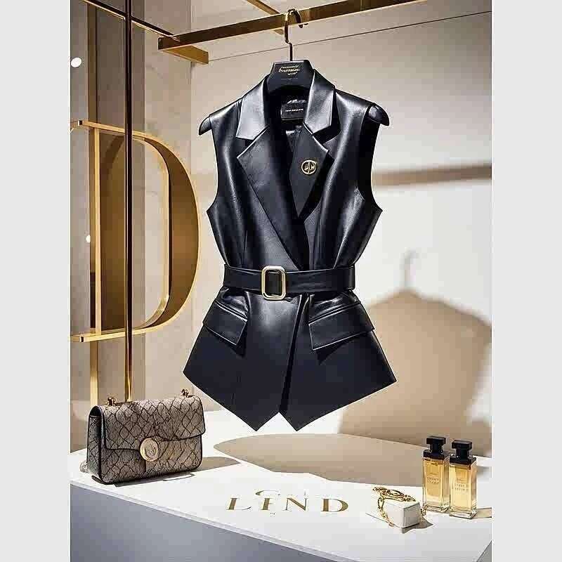 Black Leather Waistcoat This Year's Popular Explosive Unique Chic High-level Sense of Folded Sleeveless Coat New Spring Jacket