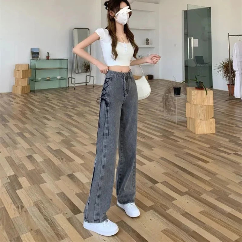 Fashion 90s Loosefit Denim Pants for Women Spring Autumn Korean In Woman Straight Leg Jeans High Waist S Trousers 250604