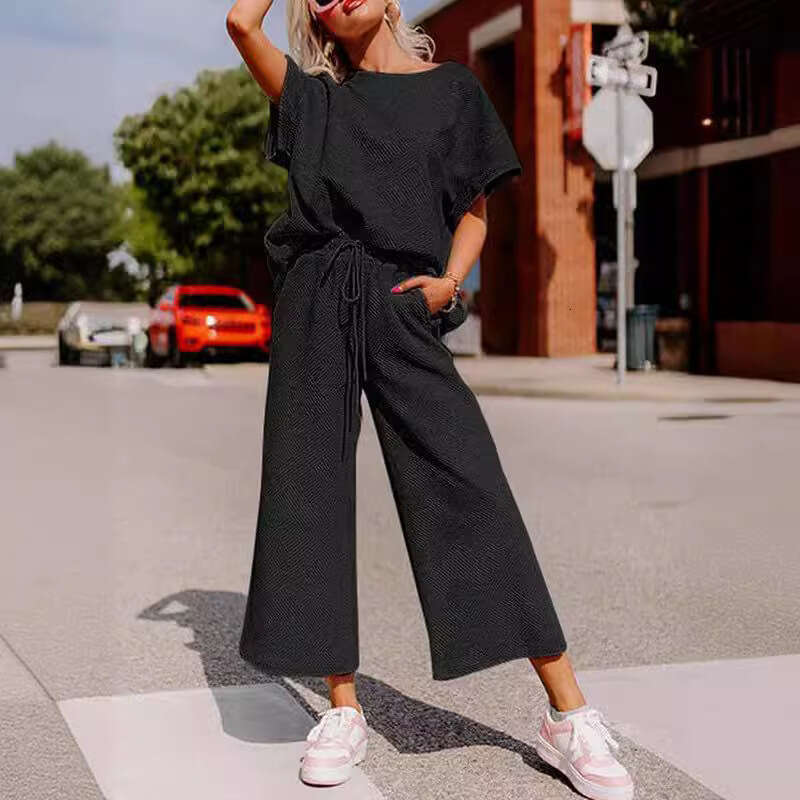 Autumn New Loose Simple Solid Color Casual Textured Drawstring Sports Two-Piece Set For Women B5