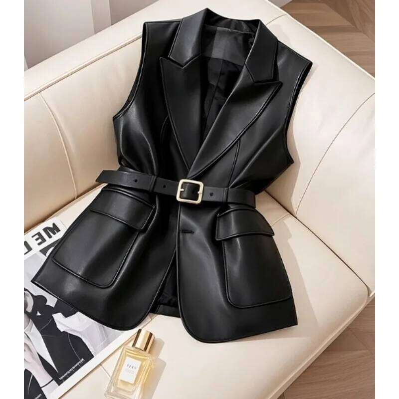 Black Leather Waistcoat This Year's Popular Explosive Unique Chic High-level Sense of Folded Sleeveless Coat New Spring Jacket