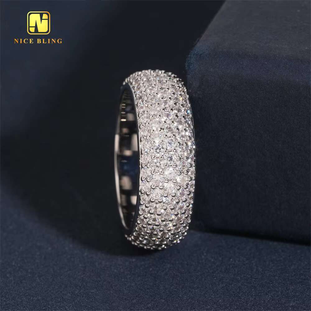 Ready To Ship 5ROW Diamond Daily Wear Men Ring Hip Hop Moissanite Jewelry Rapper Brass 5A Cubic Moissanite Fully Iced Out Diamond Ring