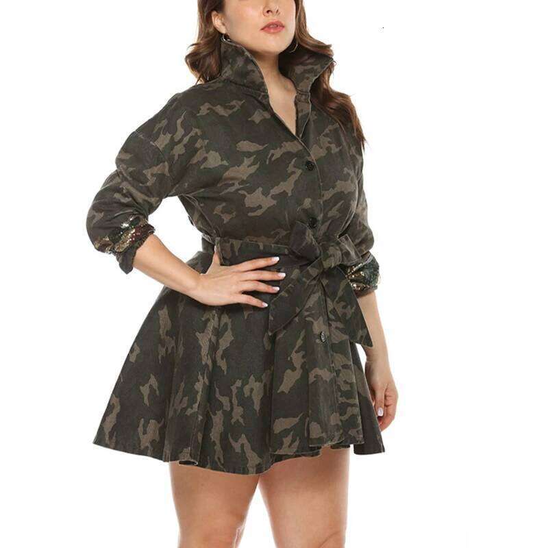 Autumn plus size casual coat 8XL fashion women's button lapel belt woven camouflage sequined loose coat.