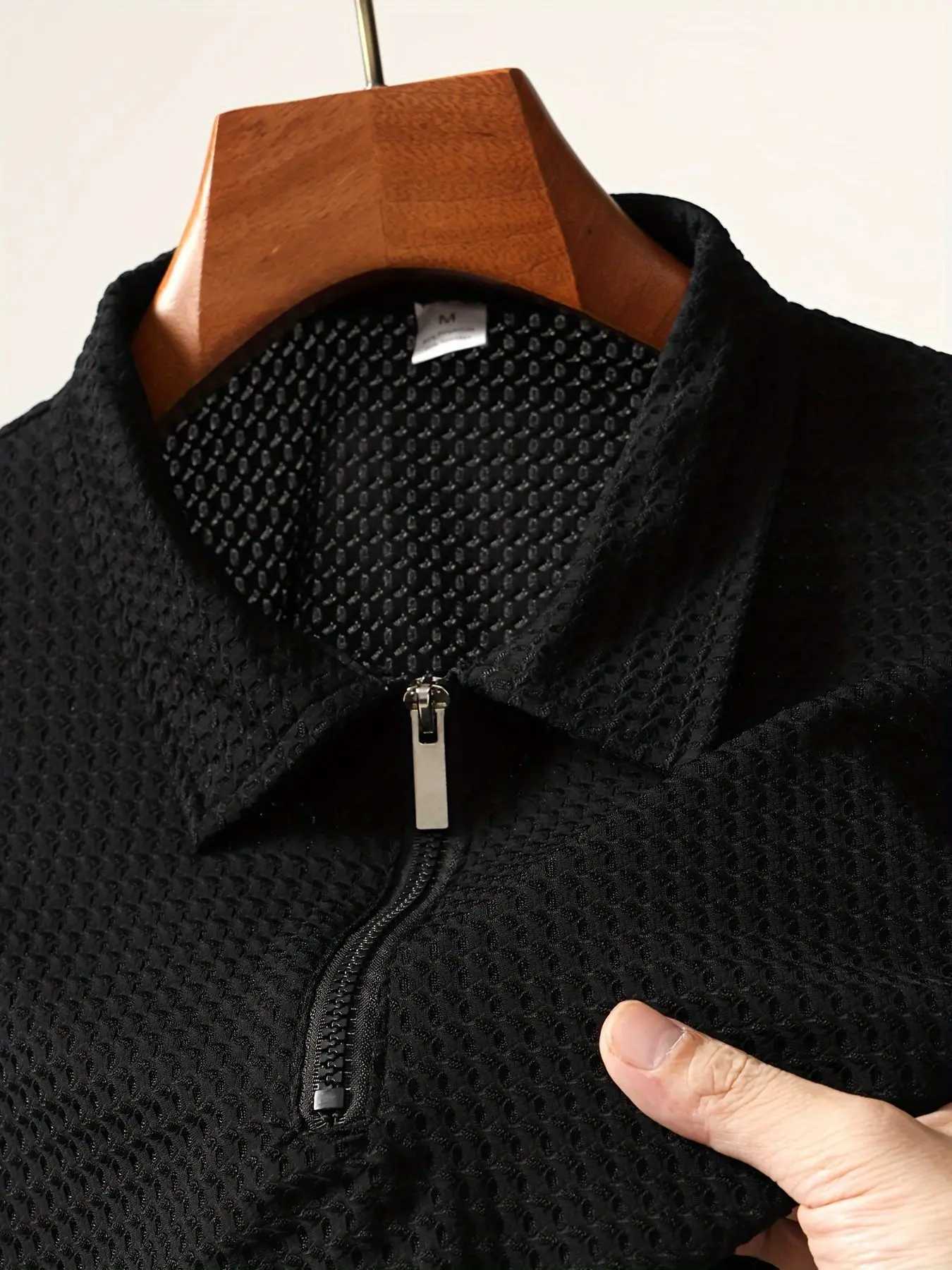 Mens POLO Shirt Summer Breathable Casual And Fashionable Zipper Lapel Solid Color Perforated Nylon Short Sleeve XJ250605