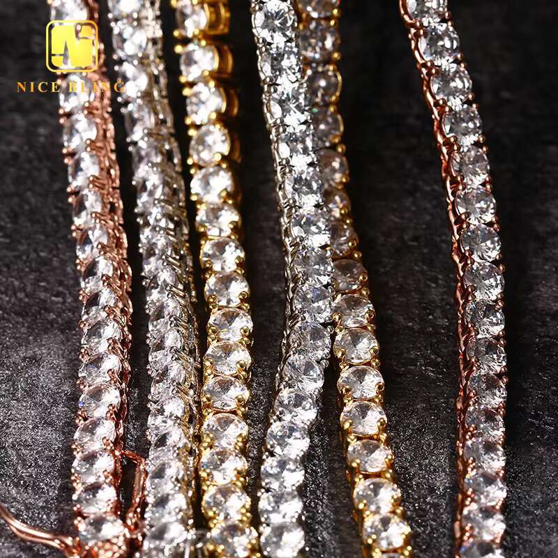 Moissanite Jewelry 3mm 4mm 5mm Round 5A+Moissanite Diamond Copper Set Moissanite Single Row Diamond Hip Hop Tennis Chain