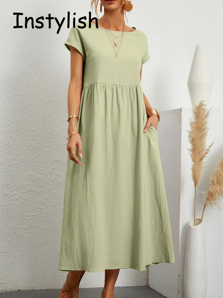 Women Elegant Solid Maxi Dress Summer Short Sleeve O Neck Vintage Harajuku Cotton Linen Loose Sundress Y2K Pockets Long Dress 250529