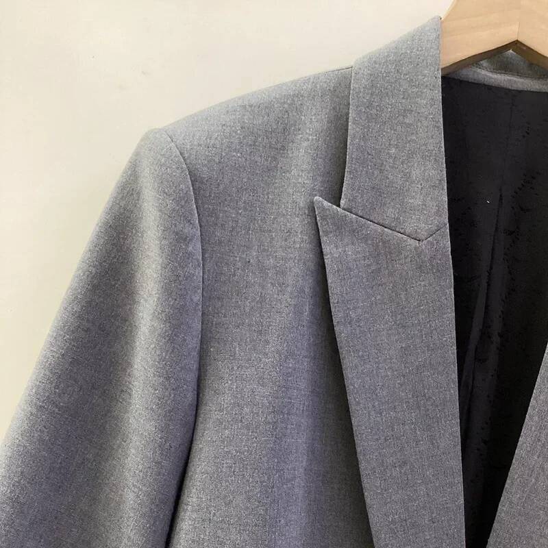 Embellished Rhinestone Blazer Grey Button Fastening Pockets Long Sleeve Autumn Winter Jacket Women