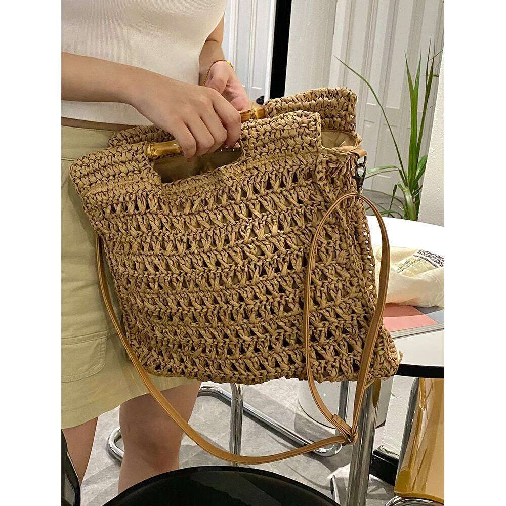 Bamboo Handle Straw Handbag Handmade Woven Beach Bags For Women Paper Rope Knitting Rattan Square Shoulder Crossbody Bag New