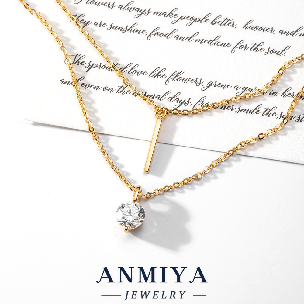 Minimalist Silver Jewelry Double Layered Necklace, Geometric Pendant with Zircon Accented , 925 Delicate Necklace for Daily