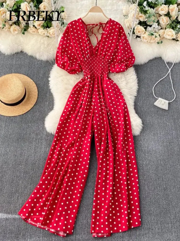 Womens Jumpsuit Summer Temperament Polka Dot Vneck High Waist Casual Wide Leg Elegant Party One Piece Jumpsuits 250604