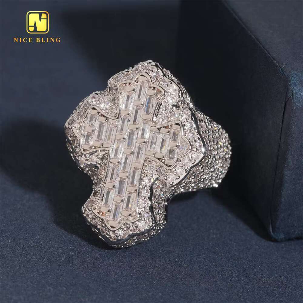 Fashion Jewelry Ring Baguette Hip Hop Brass 5A Cubic Moissanite Full Diamond Iced Out Jewelry Cross Rapper Ring for Men