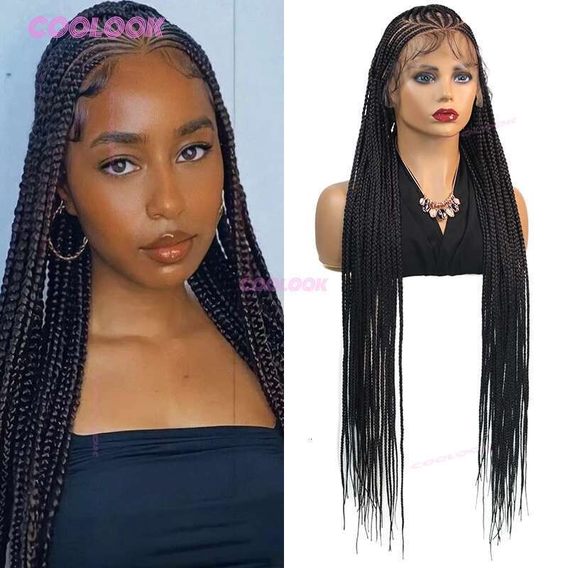 Cornrow Synthetic For Black Women 36" Full Lace Wig Braid African Knotless Box Braids Hair Braided Wigs