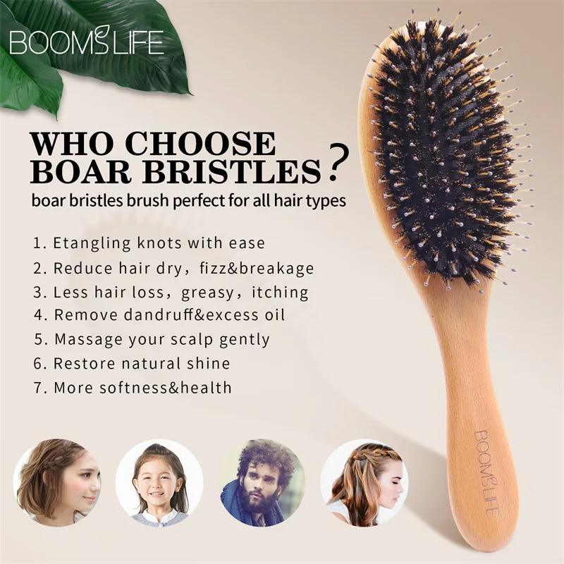 Boar Bristle Hair Brush Women Combs for Hair Anti-Static Scalp Massage Comb Wood Hair Brush for Curly Thick Long Hair Detangler 250603