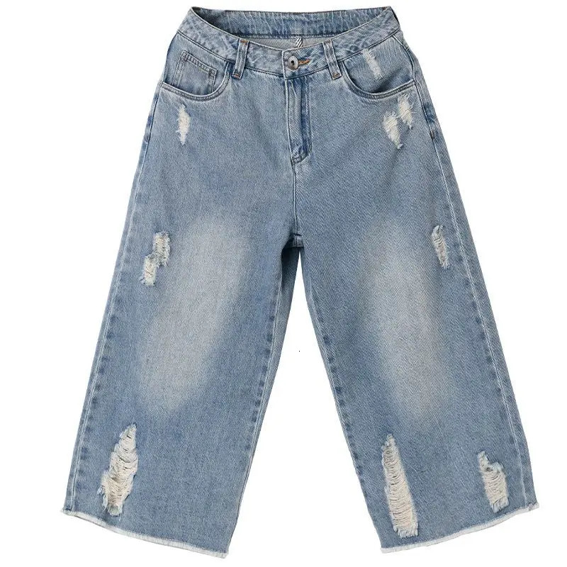 Ripped Jeans Woman CalfLength Pants Womens Wide Legs Loose Thin Summer Retro Denim High Waist Baggy Korean Fashion Clothes 250604