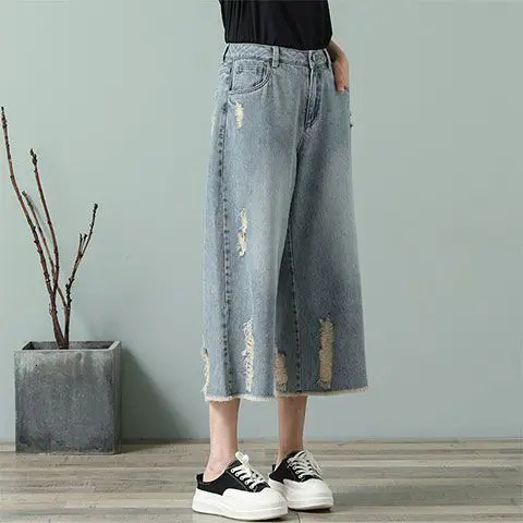 Ripped Jeans Woman CalfLength Pants Womens Wide Legs Loose Thin Summer Retro Denim High Waist Baggy Korean Fashion Clothes 250604
