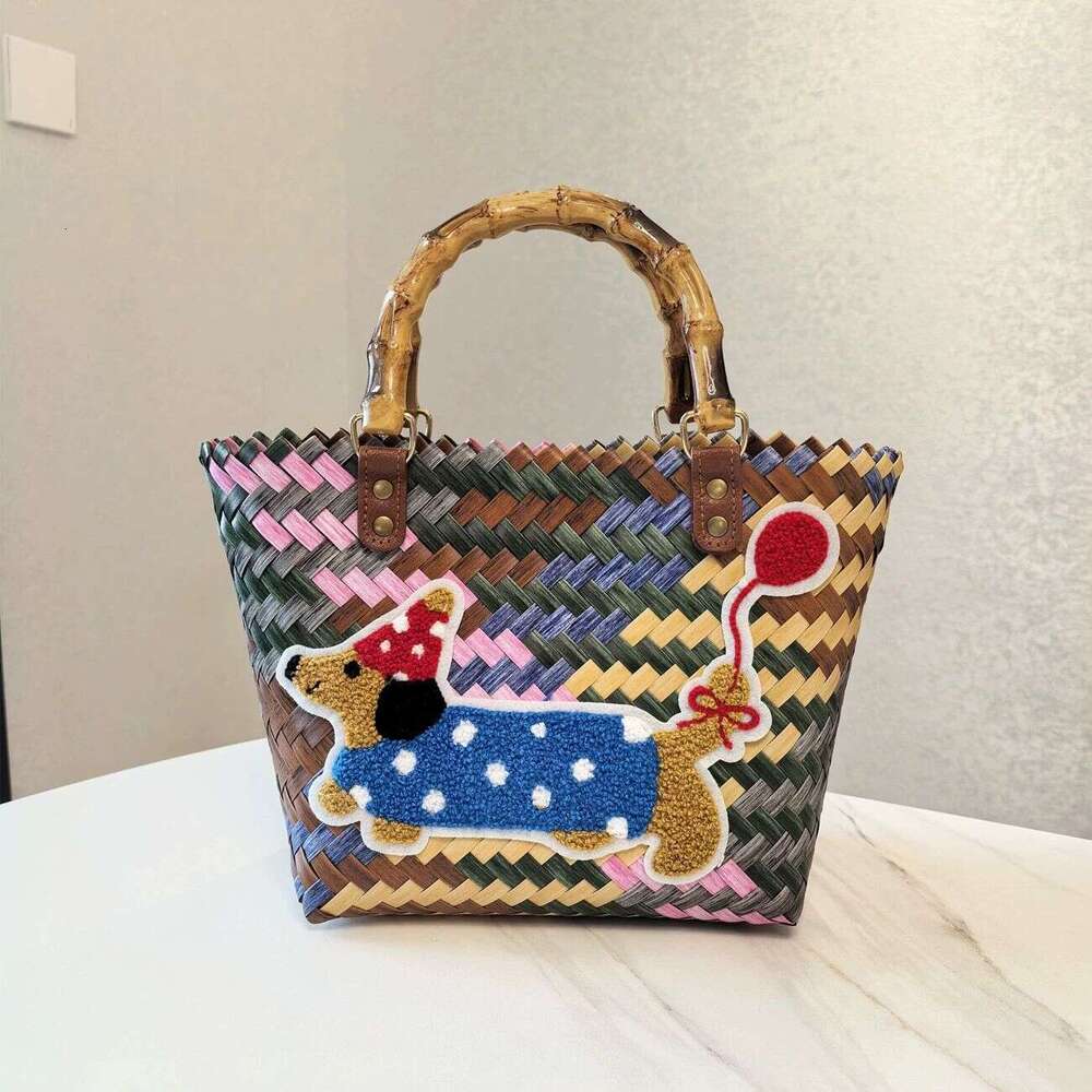 Large Capacity Dachshund Handwoven Vegetable Basket Rattan Handbag Office Sundries Small Tote Picnic Women's Bag