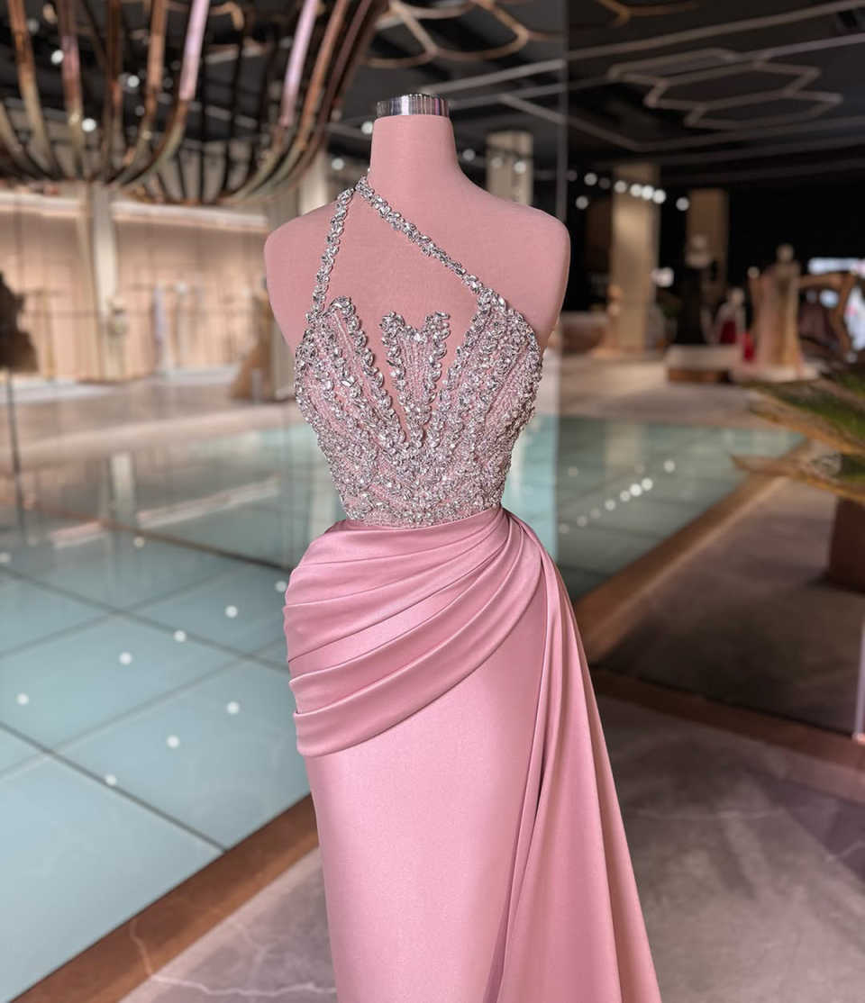 Crystal Mermaid Evening Dress Sexy One Shoulder Pleats Prom Gowns Formal Party Second Reception Birthday Wear Customized