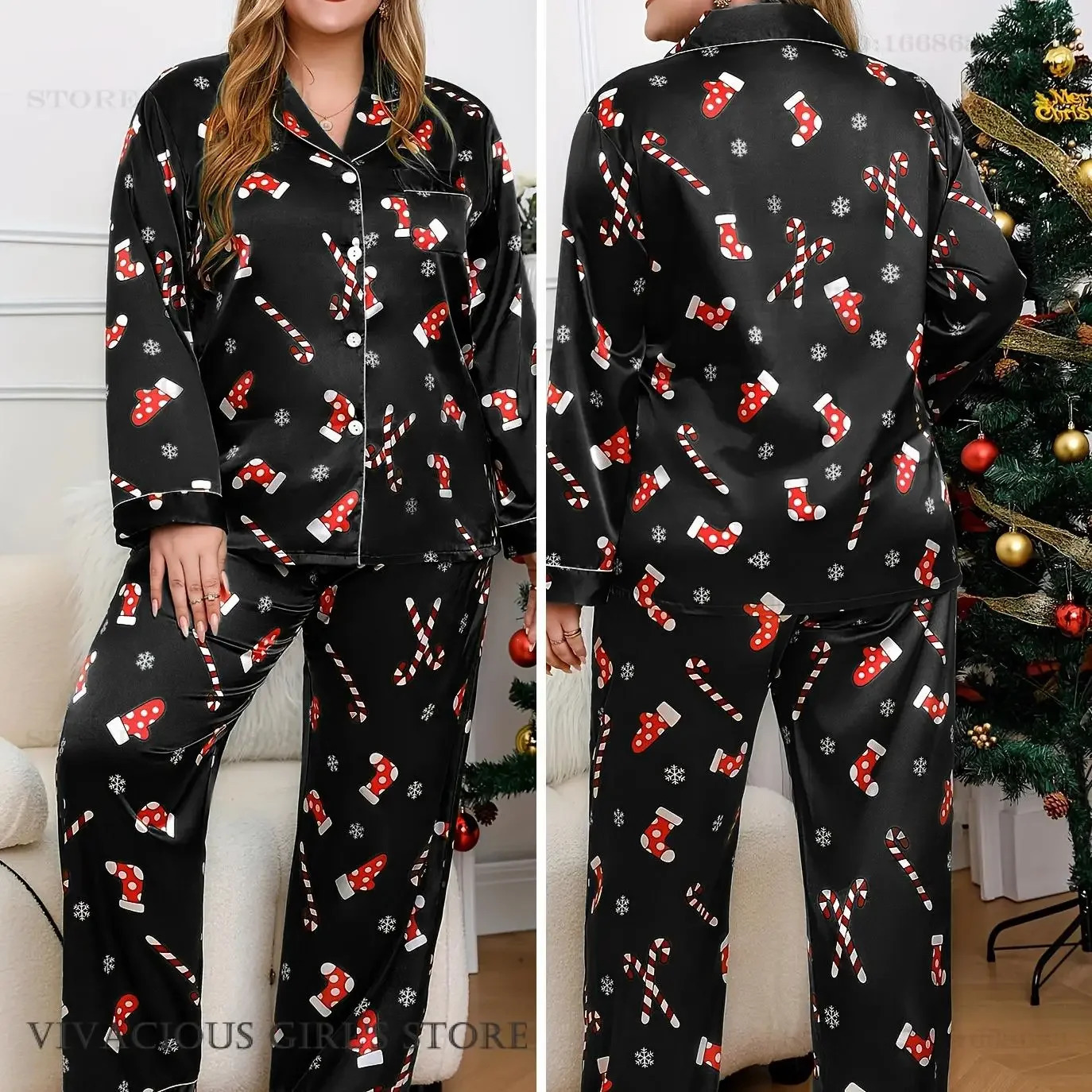 Large Size Female 2PCS Pajamas Set Sleepwear Christmas Long Sleeve Trouser Pyjama Pour Femme Loose Satin Home Clothes Loungewear 250529